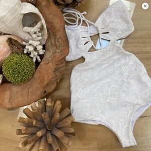 Mikoh White Floral Lace Halter One-Piece Swimsuit